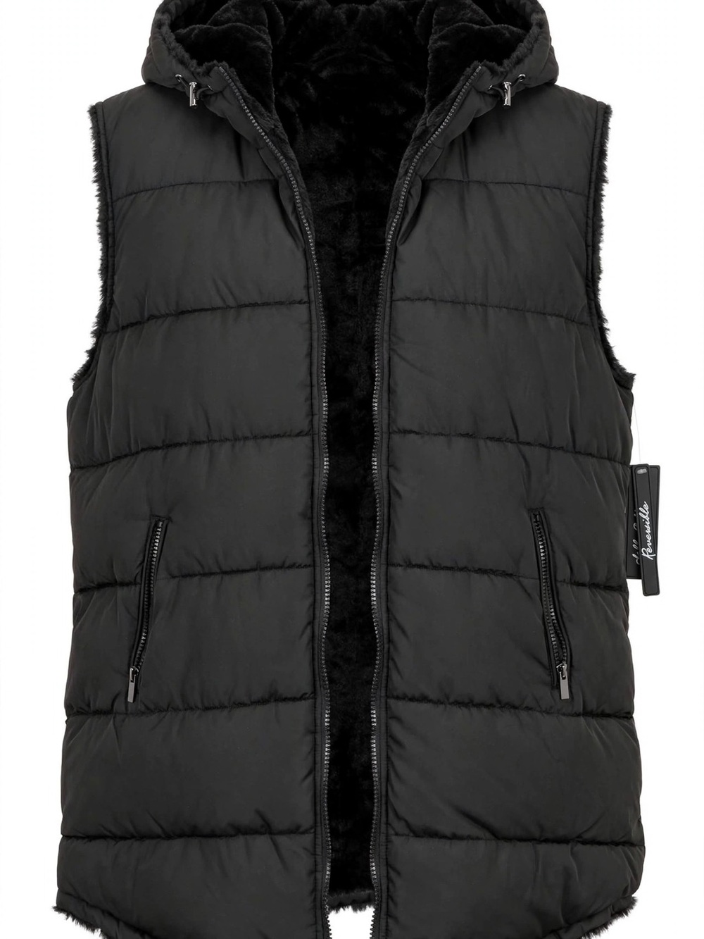 Black Hooded Reversible Puffer Vest with Faux-Fur Lining